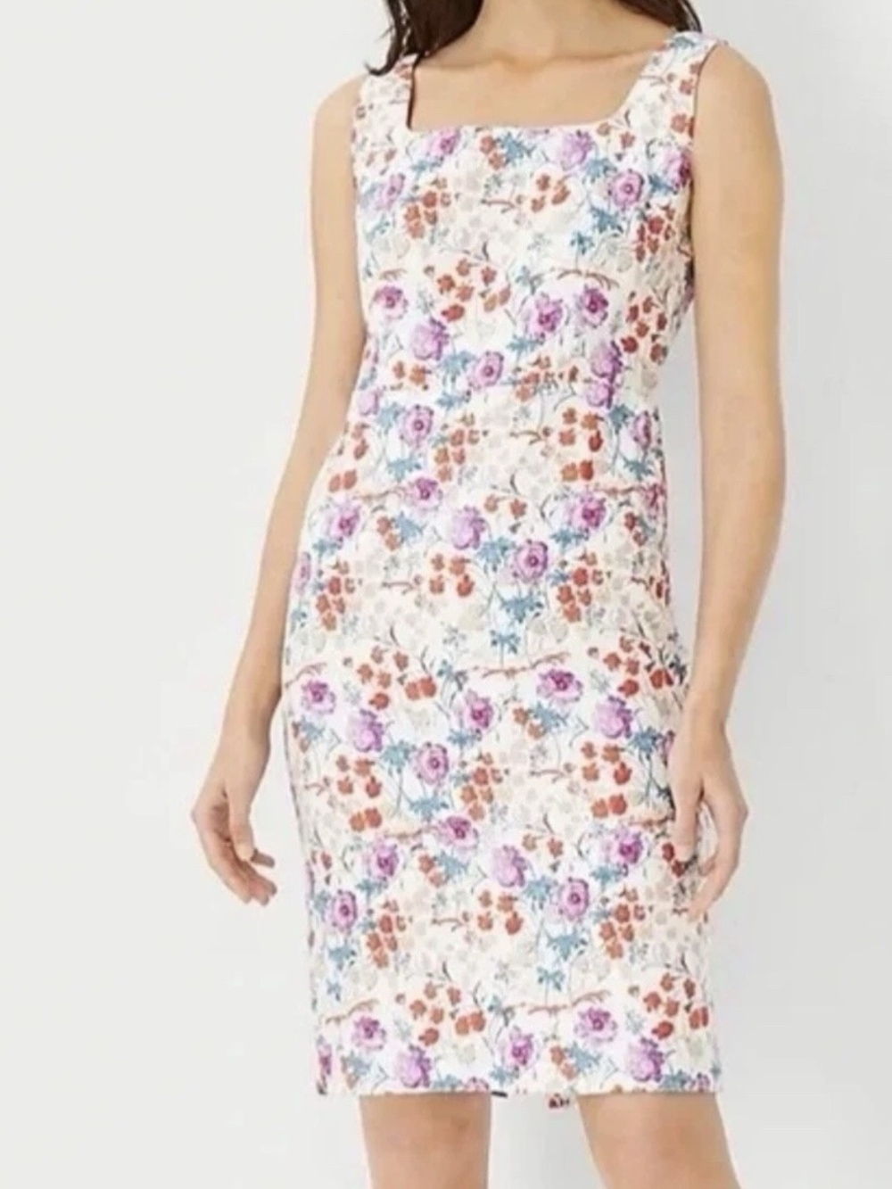 Ann Taylor Floral Sheath Pencil Dress Size 6 Multicolor Square Neck Knee Length